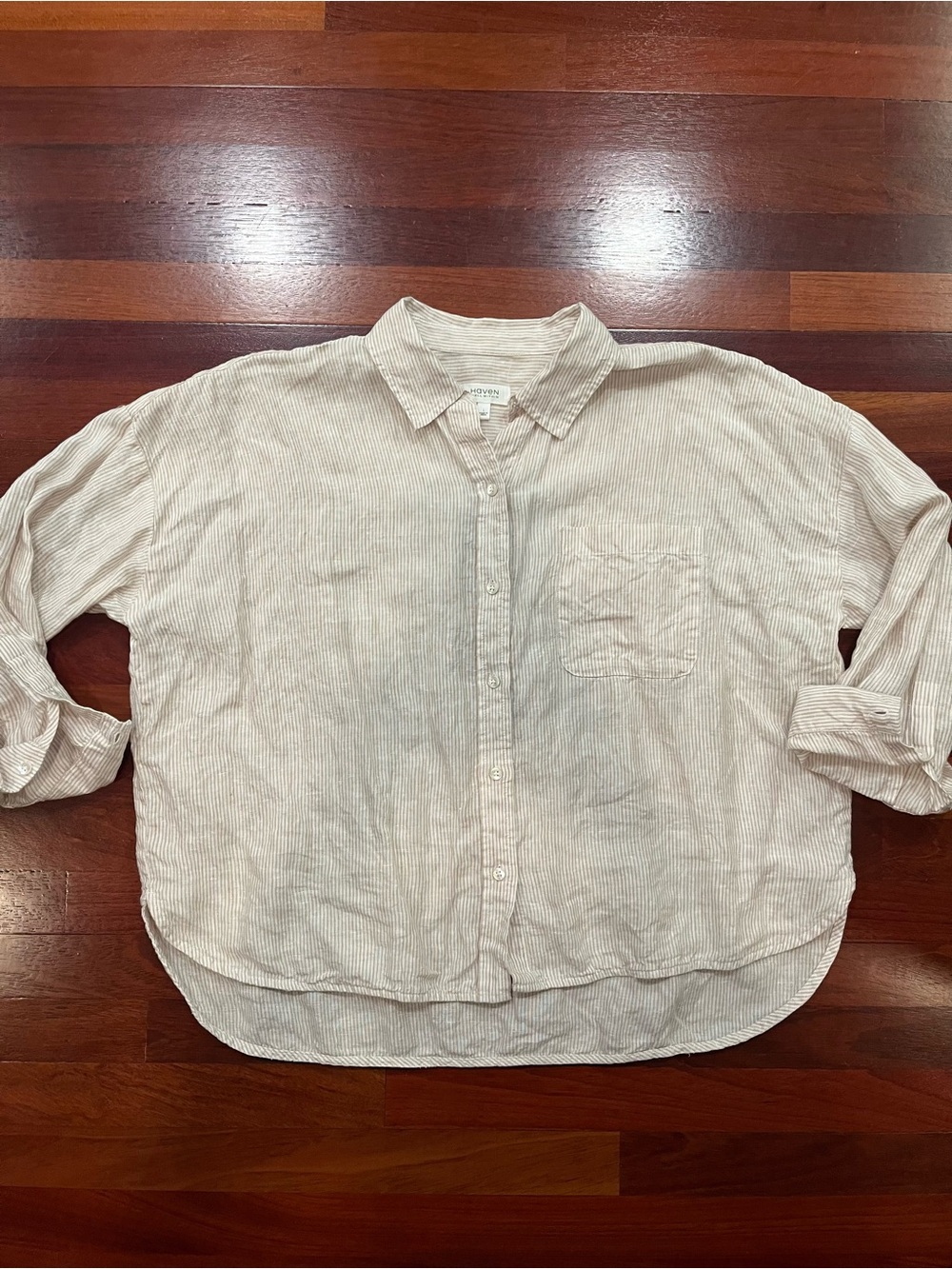 Haven Well Within Linen Light Beige & Off-White Striped Shirt Boxy Hi-lo Large